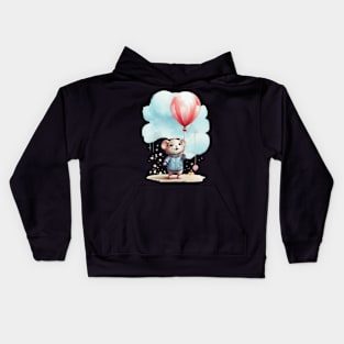 cute little mouse holding balloon in the cloudy sky Kids Hoodie